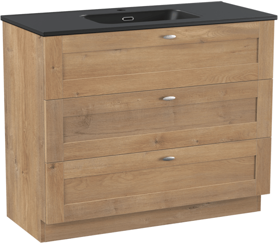 Linie Classo freistehendes Möbelstück Set: 100 x 46 cm, Naturbelassene Eiche, mit Baro Einzelwaschtisch, Porzellan Schwarz matt