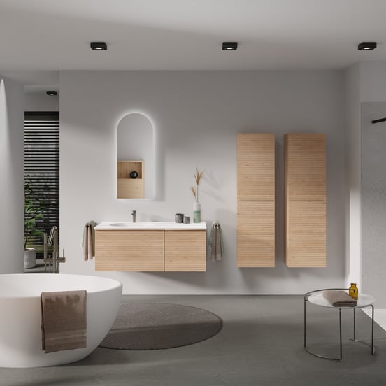 Balmani Forma zwevend badkamermeubel 120 x 55 cm natuur eik met Tablo Oval asymmetrisch linkse wastafel in solid surface mat wit, Horizontale symmetrische rechte ribbel