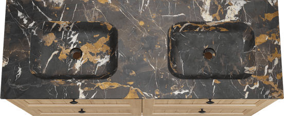 Balmani Lemon freistehendes Möbelstück Set: 150 x 55 cm, Naturbelassene Eiche Furnier, mit Tablo Arcato Doppelwaschtisch, Portoro Gold