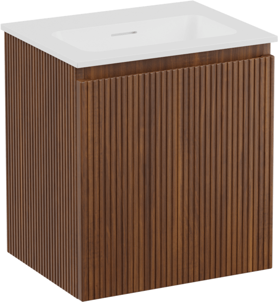 Storke Ribs meuble salle de bains suspendu 45 x 35 cm noyer avec Mata plan simple en solid surface blanc mat, Nervure droite symétrique verticale