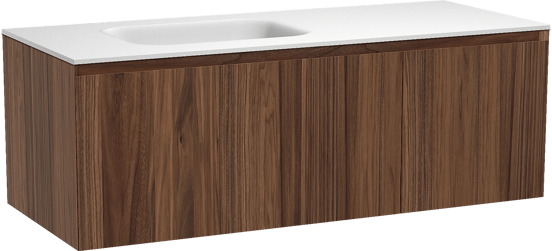 Balmani Idra zwevend badkamermeubel 135 x 55 cm notelaar met Tablo Arcato asymmetrisch linkse wastafel in solid surface mat wit