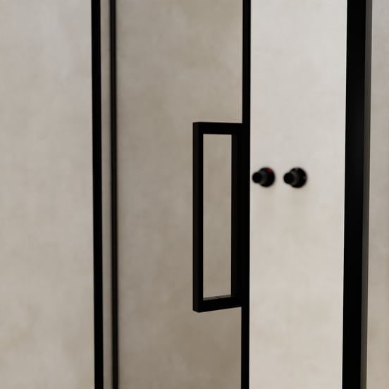 Balmani Senses Design douche en coin avec porte pivotante à gauche et paroi latérale fixe, 120 x 90 cm, Verre transparent, Profil noir, coating inclus, coating inclus