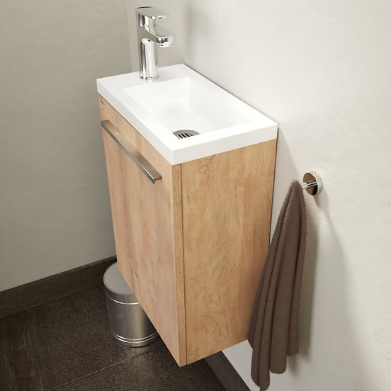 SanyOne Roxy hängendes Badmöbel Set (Gäste WC): 40 x 22 cm, Eiche Natur, Roxy Waschtisch, Marmorkomposit, glänzend