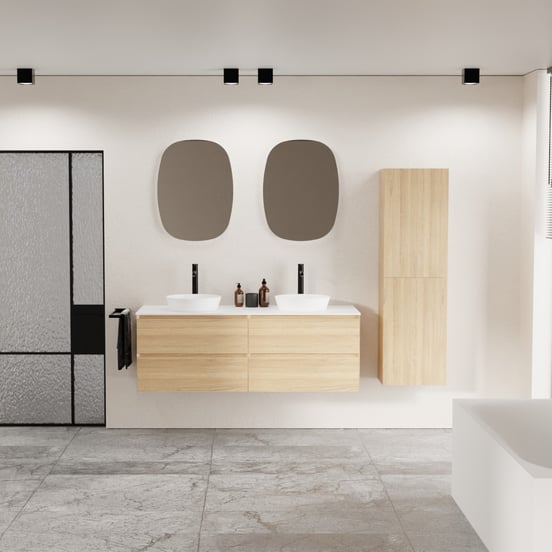 Balmani Mitra zwevend badmeubel 150 x 55 cm naturel eiken met Stretto enkel of dubbel wastafelblad in solid surface mat wit