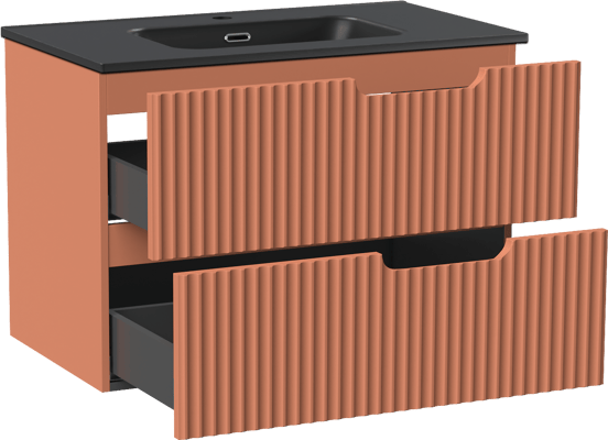 Linie Ribbo zwevend badmeubel 80 x 46 cm cotto met Baro enkele wastafel in porselein mat zwart, Verticale symmetrische ronde ribbel