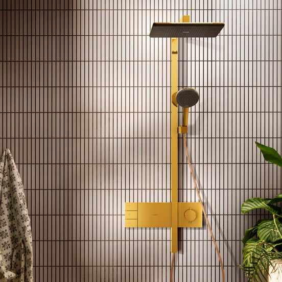 Hansgrohe Raindance Alive Q Showerpipe Duschsystem 210/340 2jets mit Ecosmart Showerselect Comfort, Polished Gold Optic