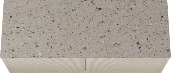 Balmani Eclips zwevend badmeubel 150 x 55 cm Sandbeige met Stretto enkel of dubbel wastafelblad in Greige terrazzo, Verticale symmetrische rechte ribbel