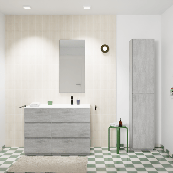 Storke Edge staand badmeubel 110 x 52 cm beton donkergrijs met Mata asymmetrisch rechtse wastafel in solid surface mat wit