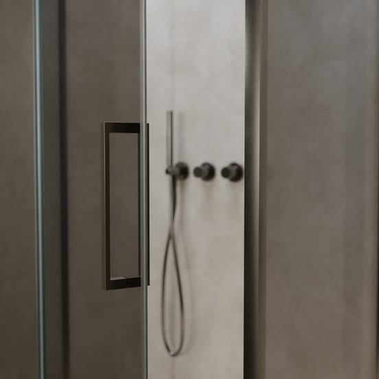 Balmani Senses Design douchecabine met linkse draaideur en vaste zijwand, 100 x 100 cm, Reflex spiegelglas, Brushed GunMetal profielen