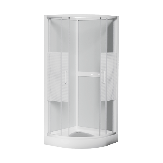Luca Varess Talan kwartronde douchecabine met schuifdeuren 90 x 90 cm helder glas met mat gestreepte strook glanzend wit profiel