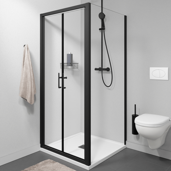 Linie Cadiz douchecabine met pendeldeur en vaste zijwand, 90 x 90 cm, helder glas, zwarte profielen