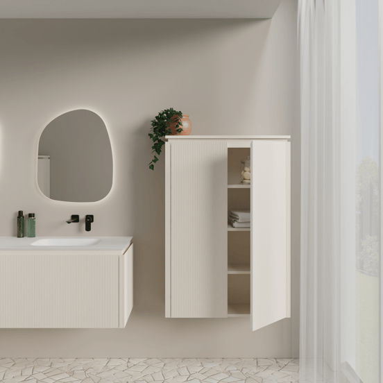 Balmani Eclips Ribs zwevende kolomkast Sandbeige 90 x 32 x 130 cm vert. sym. groef