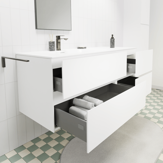 Storke Edge meuble salle de bains suspendu 130 x 52 cm blanc mat avec Mata plan vasque asymétrique à gauche en solid surface blanc mat