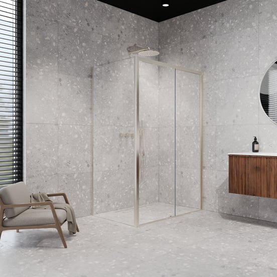 Balmani Senses Design Eckdusche: Schiebetür (Rechts) mit fixierte Seitenwand, 120 x 90 cm, Klarglas, Profil Brushed CoolMetal, inklusive Coating