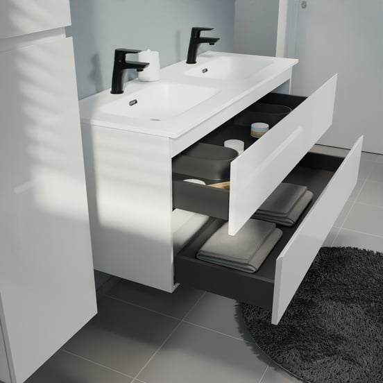 Linie Lado meuble salle de bains suspendu 120 x 46 cm blanc brillant avec Baro double vasque en porcelaine blanc mat