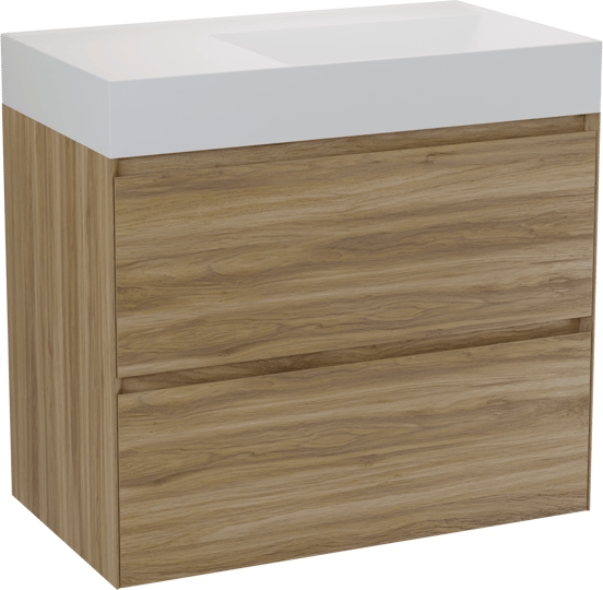 Balmani Mitra Compact zwevend badmeubel 80 x 46 cm wild eiken met Argila asymmetrisch rechtse wastafel in composietmarmer mat wit