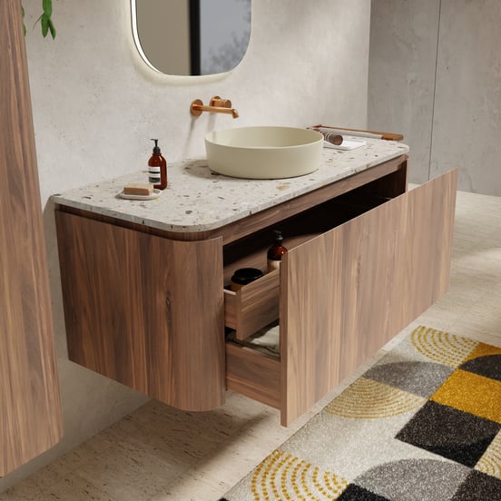 Balmani Moon meuble salle de bains suspendu 130 x 55 cm noyer américain avec Moon tablette simple ou double en terrazzo greige terrazzo