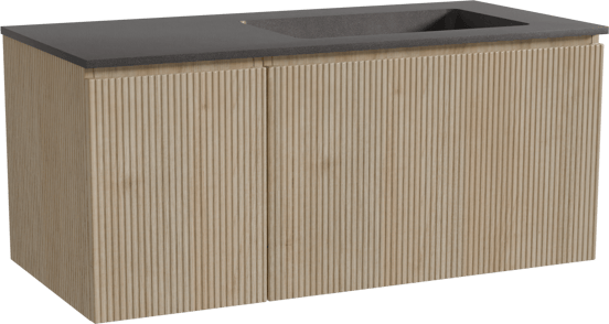 Storke Ribs zwevend badmeubel 110 x 52 cm ruw eiken met Scuro asymmetrisch rechtse wastafel in kwarts mat zwart, Verticale symmetrische rechte ribbel
