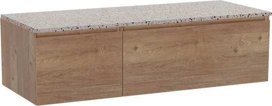 Storke Edge meuble salle de bains suspendu 130 x 52 cm chêne brut avec Tavola tablette simple ou double en blanc/noir mat terrazzo