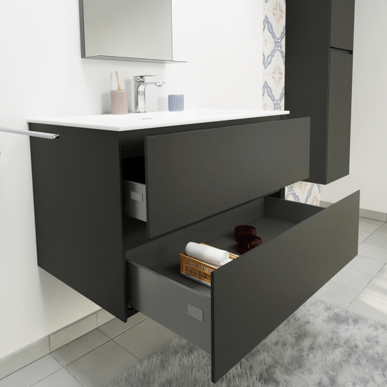 Storke Edge zwevend badmeubel 85 x 52 cm mat zwart met Mata enkele wastafel in solid surface mat wit