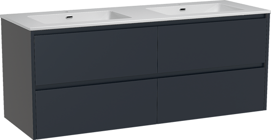 Storke Seda zwevend badkamermeubel 150 x 52 cm nachtblauw met Diva dubbele wastafel in composietmarmer glanzend wit