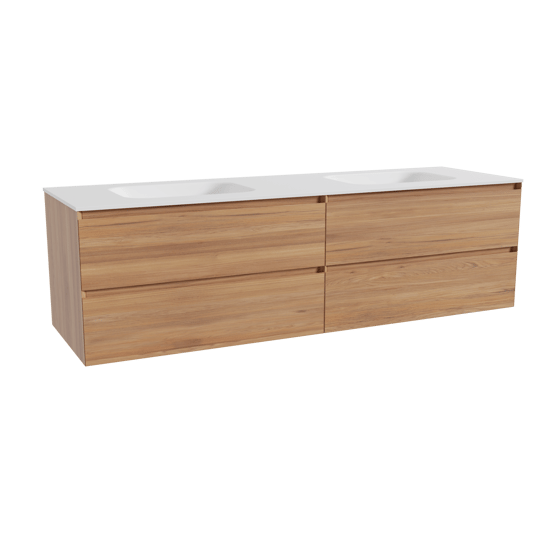 Balmani Mitra meuble salle de bains suspendu 180 x 55 cm teck avec Tablo Arcato double vasque en solid surface blanc mat