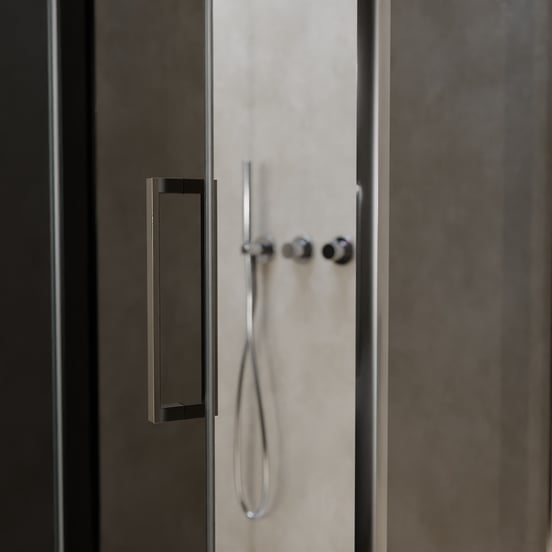 Balmani Senses Design douche d'angle avec porte pivotante à gauche et paroi latérale fixe, 100 x 100 cm, Verre fumé, Profil chrome