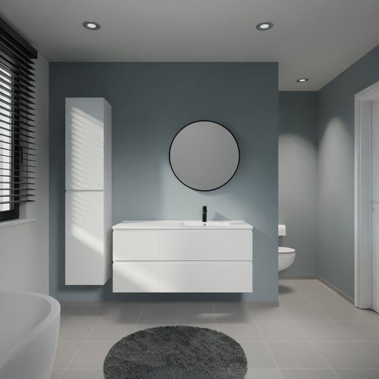 Linie Lado meuble salle de bains suspendu 120 x 46 cm blanc mat avec Vano plan vasque asymétrique à droite en marbre composite blanc mat