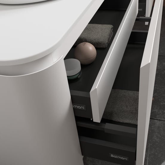 Balmani Moon zwevend badmeubel 160 x 55 cm mat wit met Moon enkel of dubbel wastafelblad in solid surface mat wit