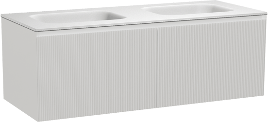 Balmani Fila zwevend badkamermeubel 135 x 55 cm mat wit met Tablo Arcato dubbele wastafel in solid surface mat wit, Verticale symmetrische rechte ribbel