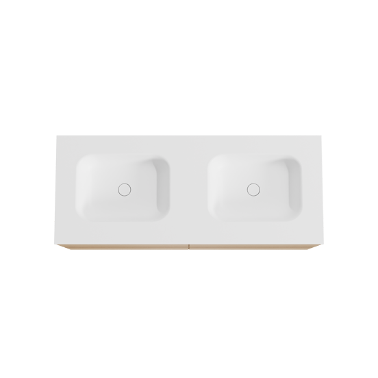 Balmani Mitra zwevend badmeubel 135 x 55 cm naturel eiken met Tablo Arcato dubbele wastafel in solid surface mat wit