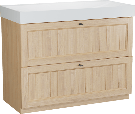 Balmani Lemon staand badkamermeubel 120 x 55 cm, fineer natuur eik met Wave enkele wastafel voor 2 kraangaten in mat wit