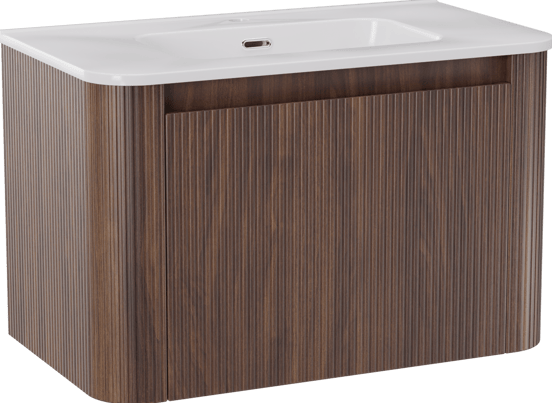 Storke Soft meuble salle de bains suspendu 80 x 46 cm noyer avec Kera Soft plan simple en porcelaine blanc brillant, Nervure droite symétrique verticale