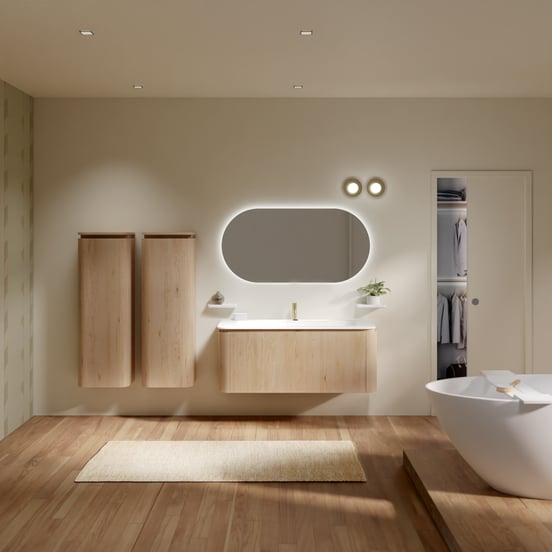 Balmani Moon hängendes Möbelstück Set: 130 x 55 cm, Naturbelassene Eiche, mit Moon Einzel- oder Doppel Waschtischplatte, Solid Surface Weiß matt