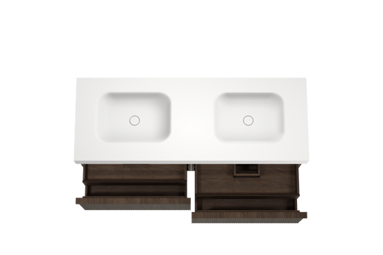 Balmani Forma zwevend badmeubel 150 x 55 cm gerookt eiken met Arcato dubbele wastafel in solid surface mat wit, Verticale symmetrische rechte ribbel