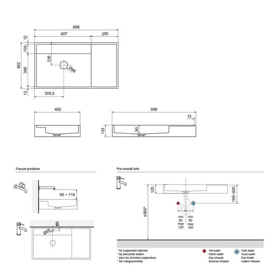 Balmani Cubo asymmetrisch linkse wastafel matte Solid Surface 90 x 49 cm