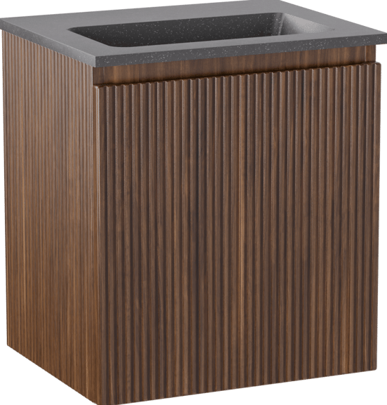 Storke Ribs zwevend badkamermeubel 45 x 35 cm notenhout met Scuro enkele wastafel in kwarts mat zwart