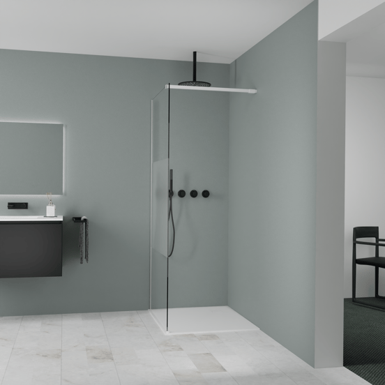 Balmani Modular douche à l'italienne: 90 x 200 cm, Verre transparent avec bande mate, Profil Blanc mat