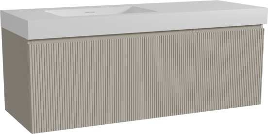 Storke Ribs meuble salle de bains suspendu 140 x 52 cm soie grise avec Mata High plan vasque asymétrique à gauche en solid surface blanc mat, Nervure droite symétrique verticale