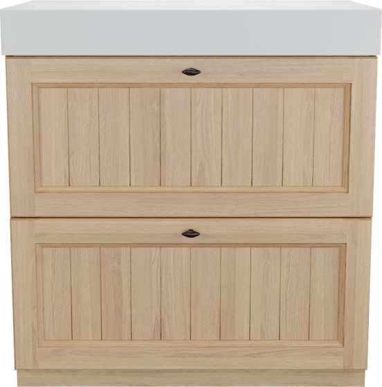 Balmani Lemon staand badkamermeubel 90 x 55 cm, fineer natuur eik met Wave enkele wastafel in mat wit