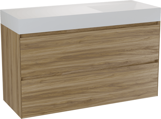 Balmani Mitra Compact zwevend badmeubel 120 x 46 cm wild eiken met Argila asymmetrisch rechtse wastafel in composietmarmer mat wit