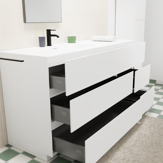 Storke Edge staand badmeubel 150 x 52 cm mat wit met Mata asymmetrisch linkse wastafel in solid surface mat wit