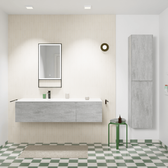 Storke Edge zwevend badmeubel 150 x 52 cm beton donkergrijs met Mata asymmetrisch linkse wastafel in solid surface mat wit