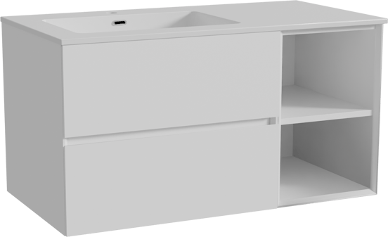 Storke Edge meuble salle de bains suspendu 100 x 52 cm blanc mat avec Diva plan vasque asymétrique à gauche en marbre composite blanc brillant