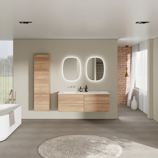 Balmani Lucida zwevend badmeubel 150 x 55 cm teakhout met Tablo Arcato dubbele wastafel in solid surface mat wit