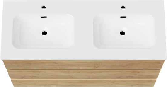 Linie Lado meuble salle de bains à poser 120 x 46 cm chêne naturel avec Baro double vasque en porcelaine blanc brillant