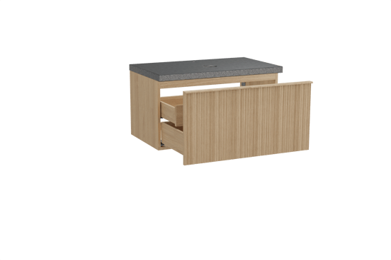 Balmani Forma zwevend badmeubel 90 x 55 cm naturel eiken met Rock enkel wastafelblad in zwart graniet, Verticale asymmetrische ronde ribbel