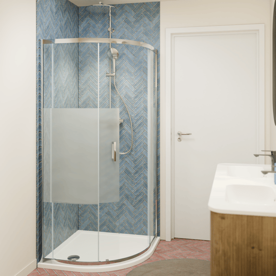 Luca Varess Vidor coin douche quart de rond avec porte coulissante 90 x 90 cm verre transparent avec bande matte profil chrome brillant