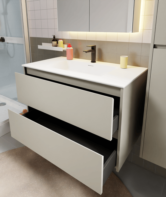 Storke Seda meuble sous-vasque suspendu 95 x 52 cm soie grise 2 tiroirs