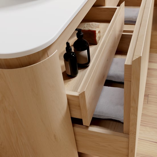 Balmani Moon hängendes Möbelstück Set: 100 x 55 cm, Naturbelassene Eiche, mit Moon Einzel Waschtischplatte, Solid Surface Weiß matt